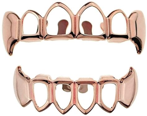 Fang Grillz Set Four Open Face K Rose Gold Plated Top And Bottom