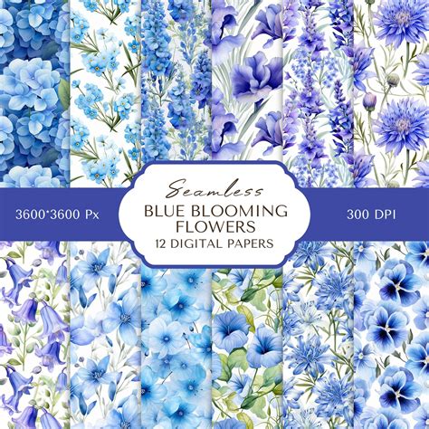 Blue Floral Digital Paper Blue Flowers Digital Pattern Seamless Blue