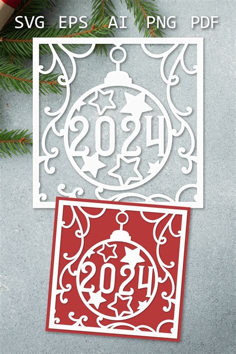 2024 papercut template Christmas card, Happy New Year card