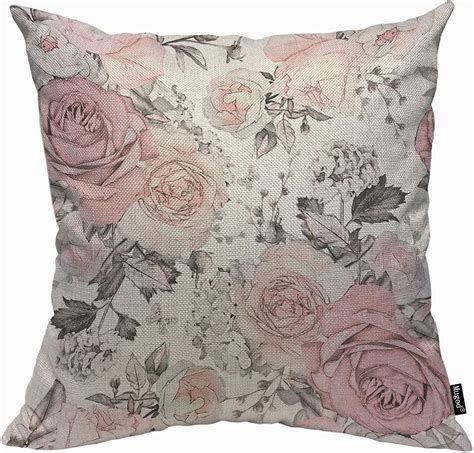 Mugod Pink Flowers And Leaves Cushion Cover Throw Pillow Covers Retro