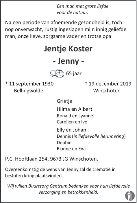 Jentje Jenny Koster Overlijdensbericht En Condoleances