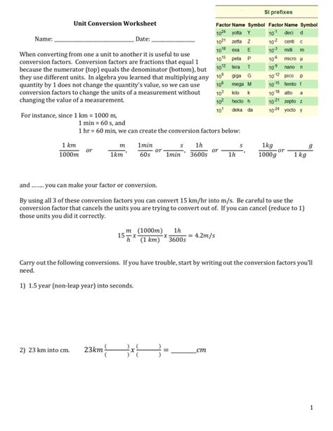 Unit Conversion Worksheet Practice