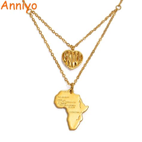 Anniyo Charm Heart African Map Necklaces For Women Gold Color Ethiopian