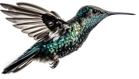 Hummingbird hovering mid air, iridescent feathers shining in studio ...