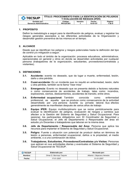 Iper Procedimiento De Identificación De Peligros Y Evaluación De Riesgos