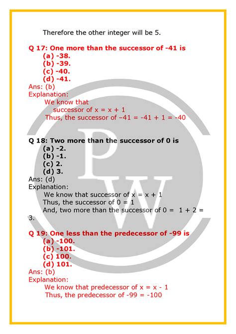 Cbse Worksheet For Class Maths Chapter Integers Pw