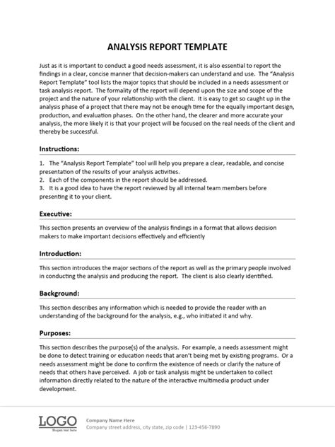 analysis report template   assessment methodology