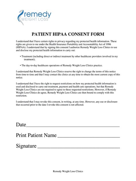 Fillable Online Patient Hipaa Consent Form Remedy Weight Loss Fax Email Print Pdffiller