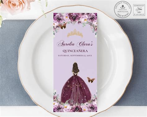 Mauve Plum Floral Quinceañera Menu Editable Template Etsy Australia