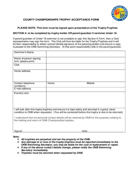 Fillable Online COUNTY CHAMPIONSHIPS TROPHY ACCEPTANCE FORM Fax Email