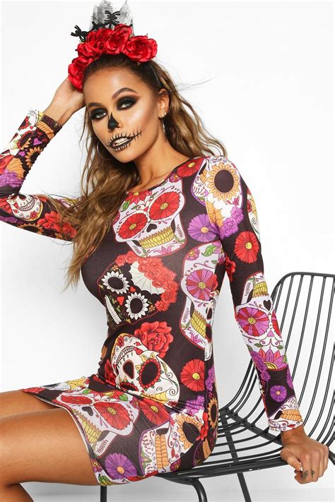 Halloween Sugar Skull Print Midi Bodycon Dress Boohoo Uk