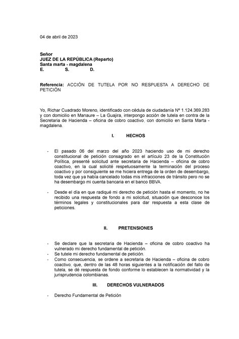 Acci N De Tutela Por No Responder Derecho De Peticion De Abril De