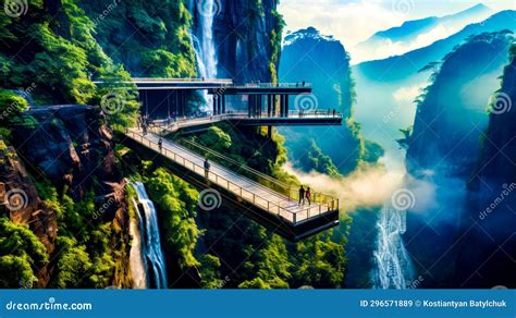 Couple Of People Walking Across Bridge Over River Next To Waterfall