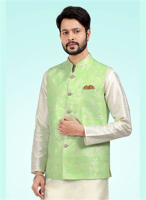 Buy Traditional Wear Pista Green Jacquard Banarasi Silk Kurta Pajama