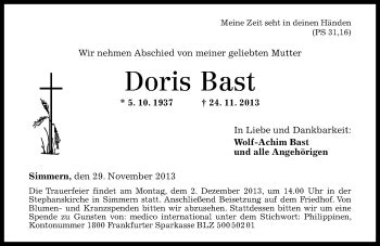 Traueranzeigen Von Doris Bast Rz Trauer De