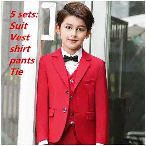 5 Sets Boys Suits For Weddings New Arrival Solid Red Boys Wedding Suit