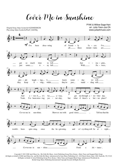 Cover Me In Sunshine Arr Julia Yeon Joo Oh By Pink And Willow Sage Hart Sheet Music For