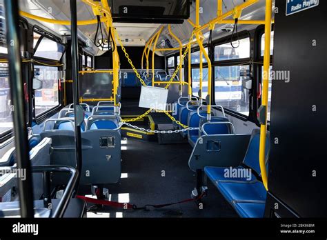 New York, NY - May 2, 2020: Interior view of the bus at MTA New York City Transit Corona ...