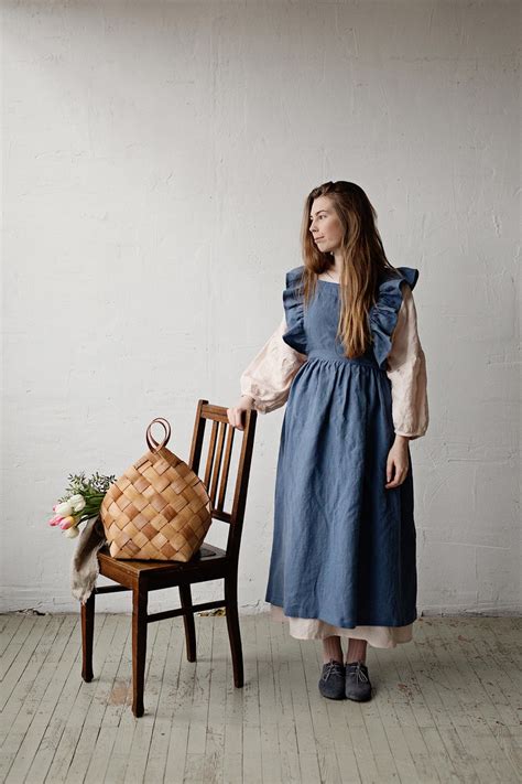 Dusty Blue Long Vintage Apron Linen Pinafore With Wings Etsy