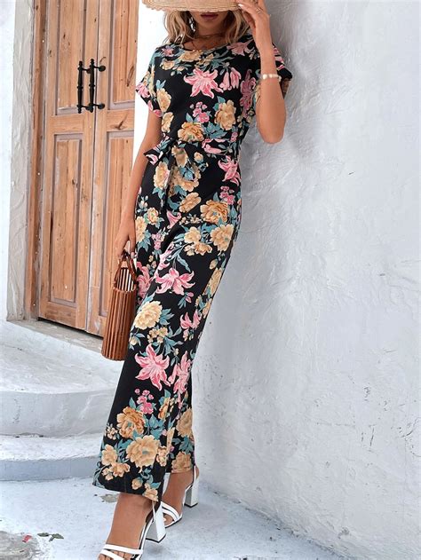 Floral Print Wide Leg Belted Jumpsuit Comfy Jumpsuits