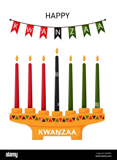 Kinara Candlestick With Traditional Kwanzaa Candles Festive Flags With The Inscription Kwanzaa