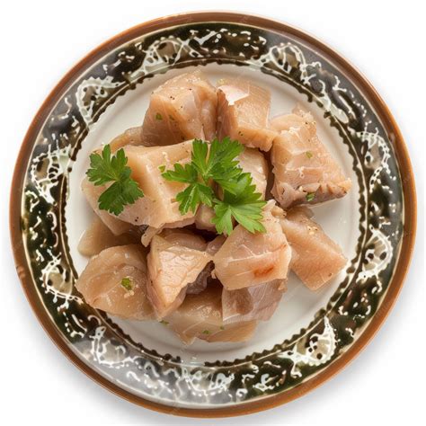 A traditional Hakarl fermented shark dish isolated on white background