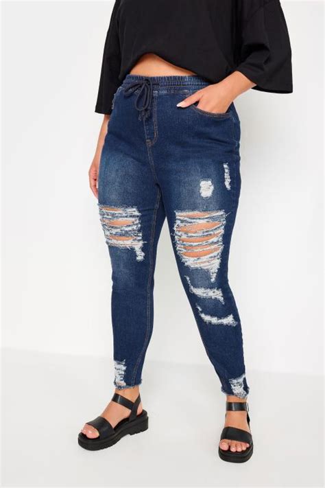 Plus Size Blue Elasticated Waist Ripped Skinny Ava Jeans Yours Clothing