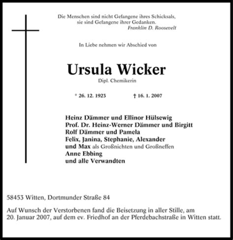 Traueranzeigen Von Ursula Wicker Trauer In NRW De