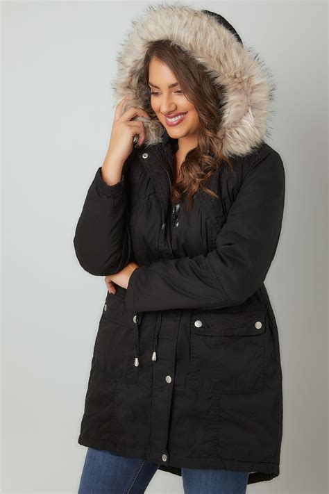 Black Cotton Parka With Faux Fur Trim Hood Plus Size 16 To 36