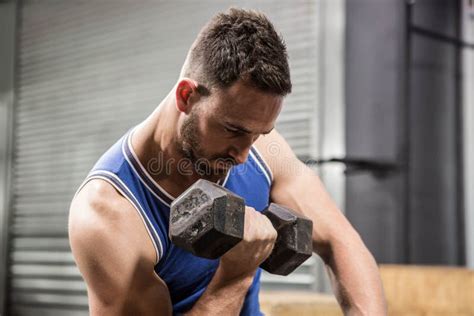 Homem Muscular Que Senta Se No Peso De Levantamento Do Banco Foto De