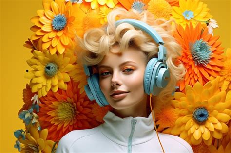 Premium Photo A Woman With Headphones On And A Yellow Background With