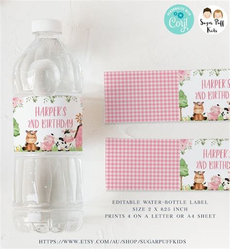 Editable Pink Farm Water Label Instant Download Girls Floral Farmyard Water Bottle Labels