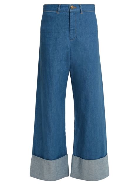 Sea Wide Leg Turn Up Cuff Denim Cropped Jeans