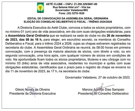 Edital De Convova O Da Assembl Ia Geral Ordin Ria Aete Clube