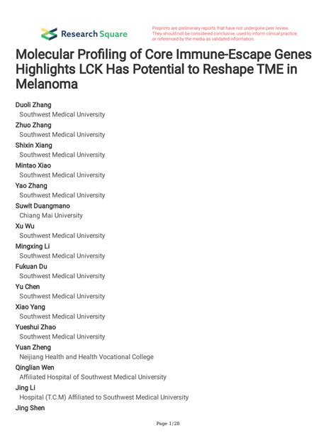 Pdf Molecular Profiling Of Core Immune Escape Genes Highlights Lck