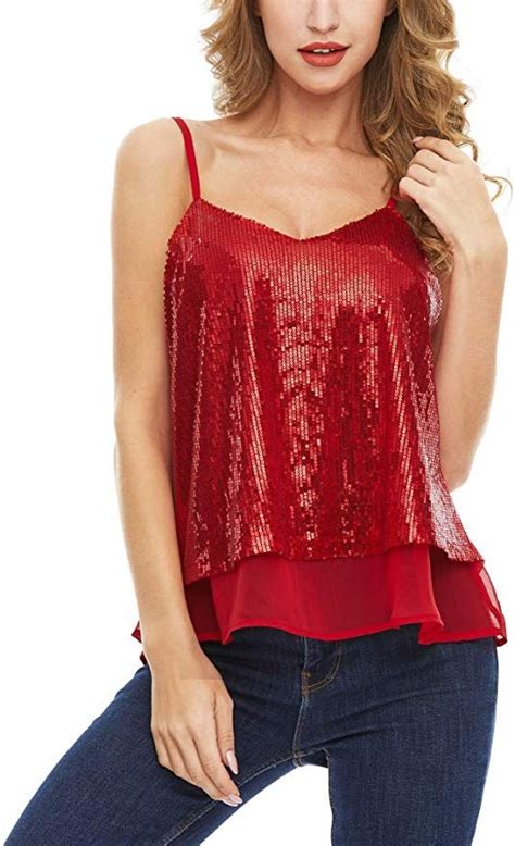 Satinior Christmas Women Sequin Tank Tops Sparkly Sequin Camisole Tops