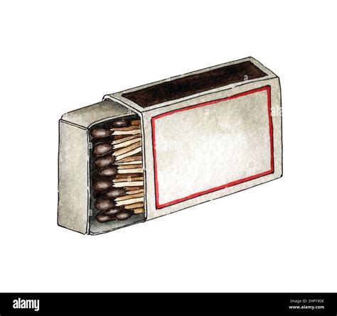 Watercolor Illustration Of An Open Matchbox Full Of Red Matches Lying