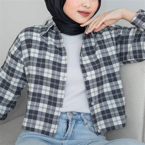 Jual YOORI Kemeja Flanel Wanita Atasan Crop Kotak Kotak Cewek Cropped