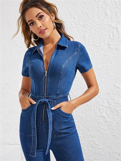 Shein Zip Front Belted Flare Leg Denim Jumpsuit Denim Jumpsuit