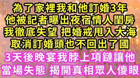 為了家裡我和他訂婚3年，他被記者曝出夜宿情人閨房，我徹底失望 把婚戒甩入大海，取消訂婚頭也不回出了國，3天後晚宴我脖上項鏈讓他當場失態 揭開真相眾人傻眼 甜寵 灰姑娘 霸道總裁 愛情 婚姻