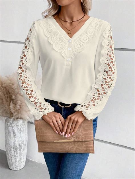 SHEIN LUNE Solid Color Lace Splicing Shirt SHEIN ASIA