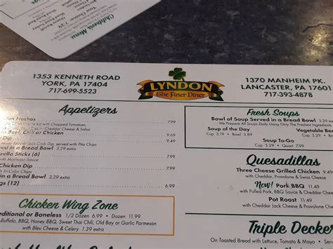 Menu At Lyndon Diner Restaurant York