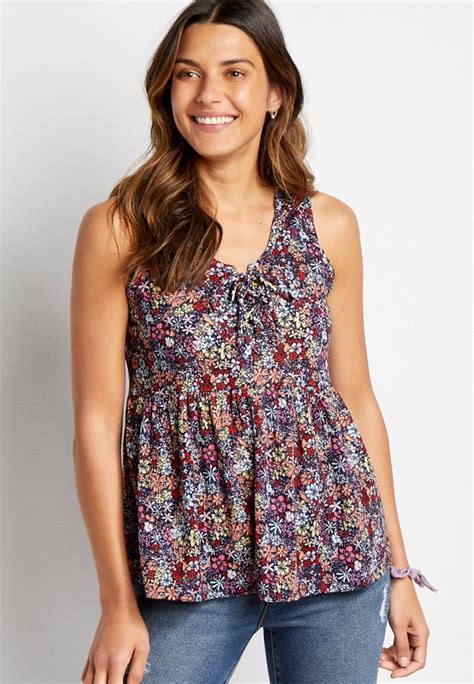 Blue Floral Lace Up Babydoll Tank Top Maurices