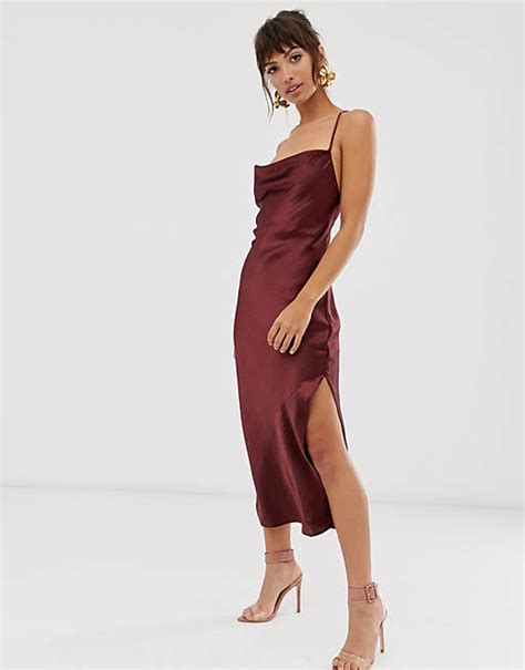 Asos Design Cami Midi Slip Dress In High Shine Satin With Lace Up Back