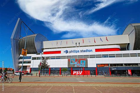 Eindhoven, Netherlands - July 17. 2022: Street view on modern Philips football stadium, blue ...