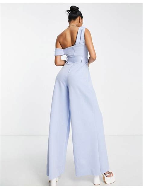 Buy Asos Design Scuba One Shoulder Wide Leg Belted Jumpsuit In Pastel