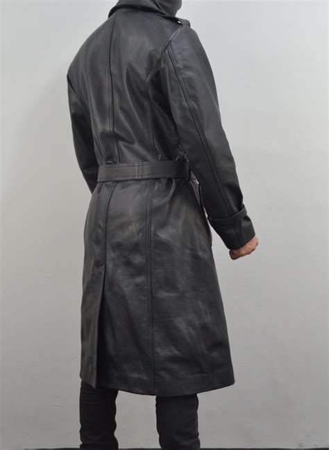 Mens Classic Belted Single Breasted Black Genuine Leather Trench Coat South Beach Leather