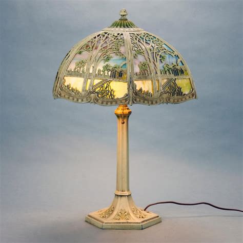 Antique Arts And Crafts Miller Overlay Landscape Slag Glass Lamp Circa 1920 At 1stdibs Slag