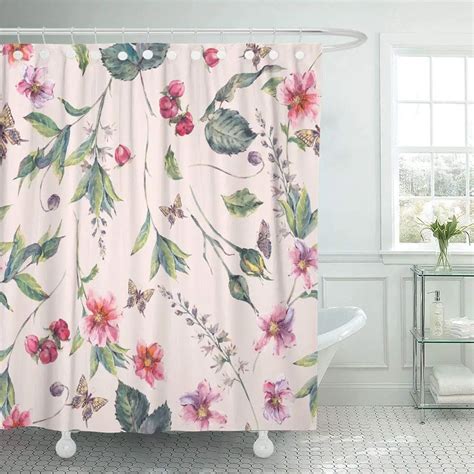 Fabric Shower Curtain Watercolor Vintage Floral With Pink Wildflowers