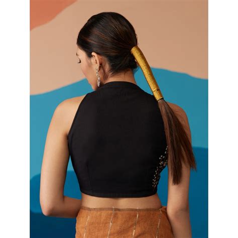Likha By Nykaa Fashion Black Solid Sleeveless Blouse With Hand